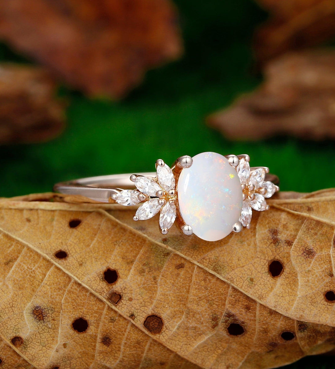 1.5CT Oval cut rose gold opal 14k unique cluster engagement ring - Esdomera
