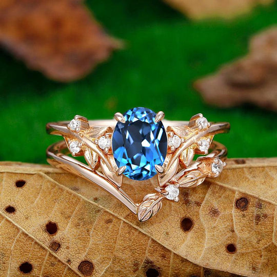 1.5CT Oval shape 14k rose gold London blue topaz nature inspired art deco leaf ring set - Esdomera