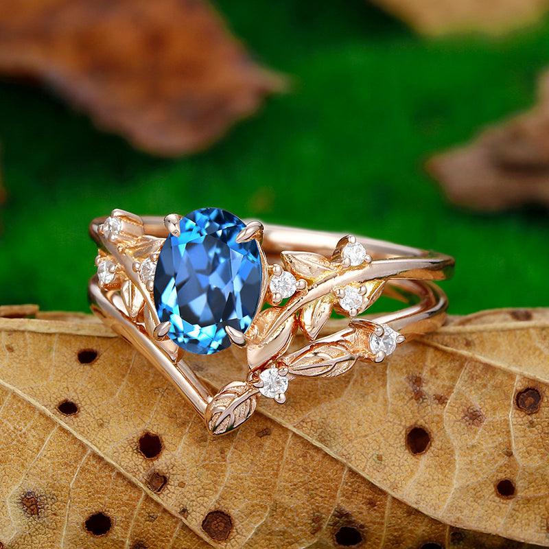 1.5CT Oval shape 14k rose gold London blue topaz nature inspired art deco leaf ring set - Esdomera