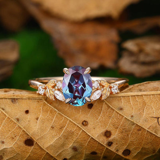 1.5CT Oval Shaped 18k Gold Cluster Alexandrite Natural Leaf Ring - Esdomera