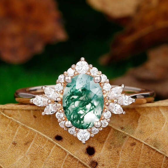 1.5CT Oval Shaped Moss Agate  Simulated Diamond Halo Engagement Ring