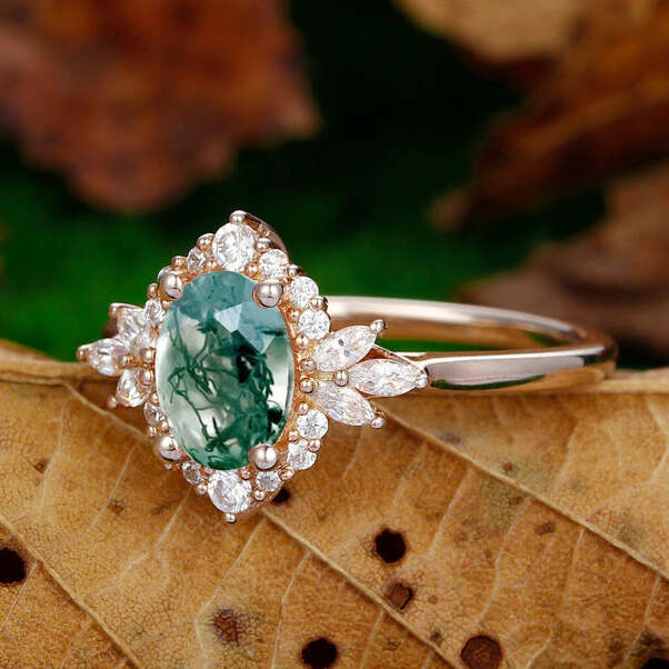 1.5CT Oval Shaped Moss Agate  Simulated Diamond Halo Engagement Ring