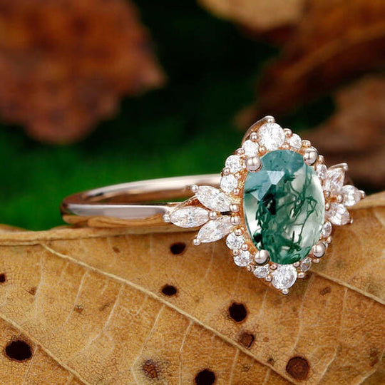 1.5CT Oval Shaped Moss Agate  Simulated Diamond Halo Engagement Ring