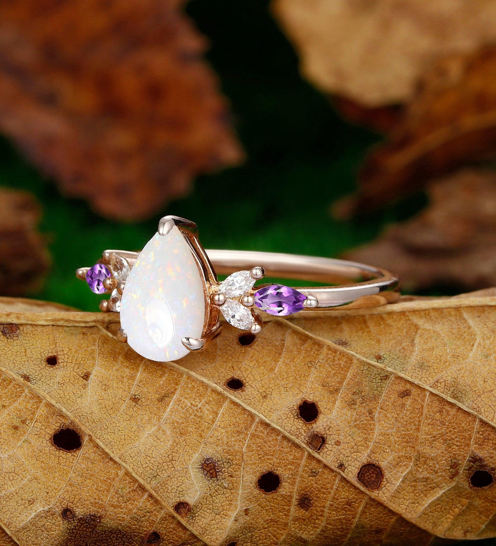 1.5ct Pear Cut Opal Engagement Ring 10k 14k Cluster Marquise Amethyst Ring October Birthstone - Esdomera