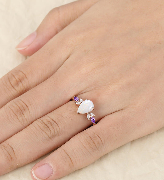 1.5ct Pear Cut Opal Engagement Ring 10k 14k Cluster Marquise Amethyst Ring October Birthstone - Esdomera