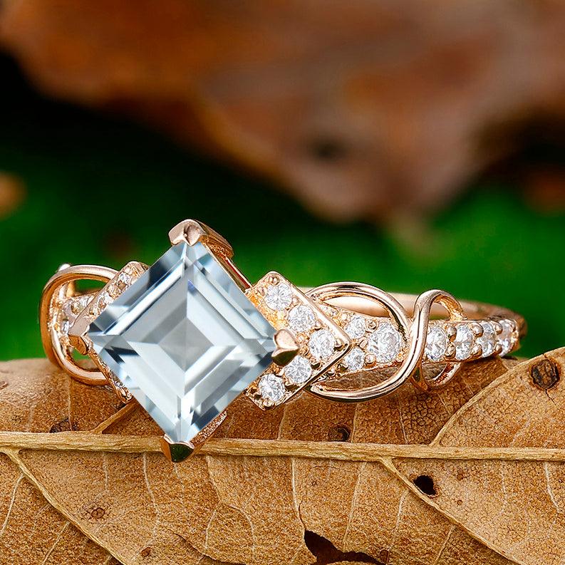 1.5CT Princess Cut Aquamarine Engagement Vine Ring - Esdomera