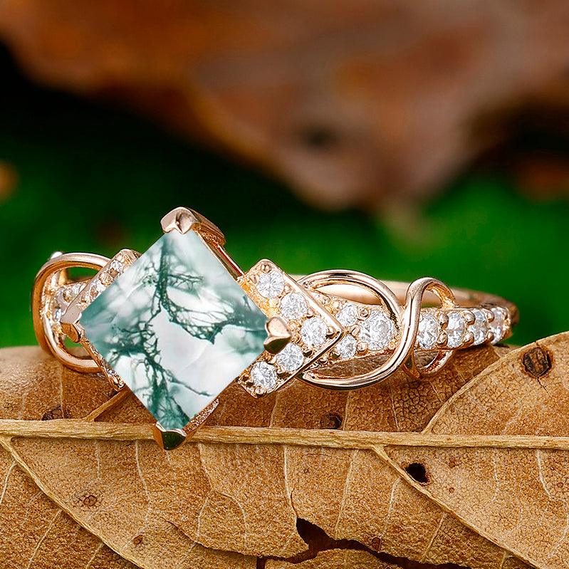 1.5CT Princess Cut Natural Moss Agate EngagementRing Deco Milgrain Moissanite Floral Ring For Women Gift - Esdomera