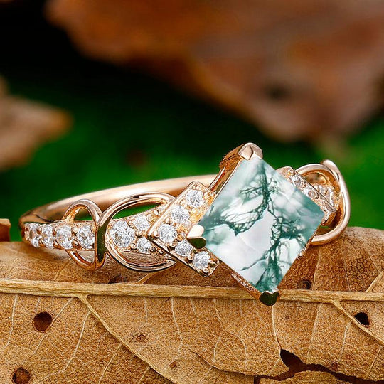 1.5CT Princess Cut Natural Moss Agate EngagementRing Deco Milgrain Moissanite Floral Ring For Women Gift - Esdomera