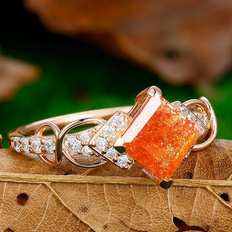 1.5CT Princess Cut Natural Sunstone Engagement Vine Ring - Esdomera