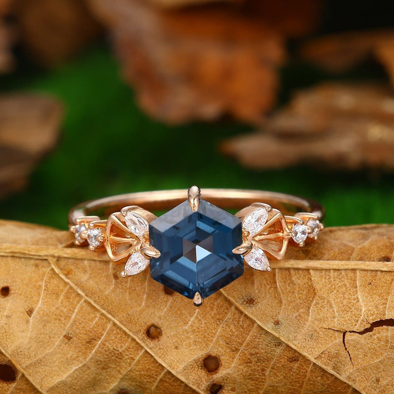 Rose Gold 1.25ct London Blue Topaz Engagement Ring For Women Diamond Band Natural Inspired Leaf newest Design Art Deco Topaz Promise Bridal Ring