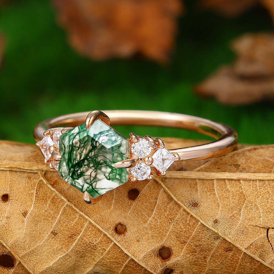 1.7CT Hexagon Natural Moss Agate Engagement Ring Dainty Promise Ring In 14k Rose Gold