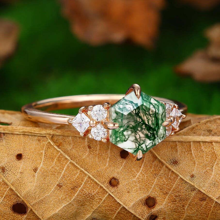 Moss Agate Engagement Ring, Round Green Stone Ring, 14k Rose Gold Ring, 7 Stone Moissanite Ring, Cluster hot Ring, Promise Moss Ring For Women