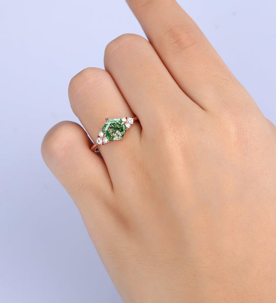1.7CT Hexagon Natural Moss Agate Engagement Ring Dainty Promise Ring In 14k Rose Gold - Esdomera