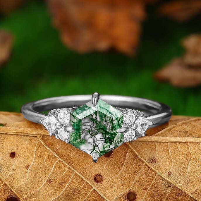 1.7CT Hexagon Natural Moss Agate Engagement Ring Dainty Promise Ring In 14k Rose Gold - Esdomera