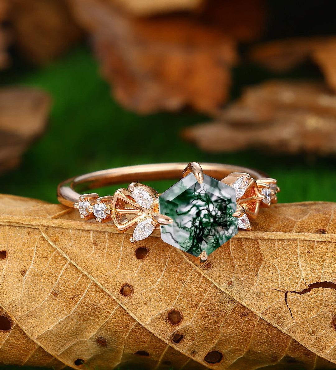 1.7ct Natural Moss Agate Unique Hexagon Cut Art Deco Emerald Engagement Ring - Esdomera