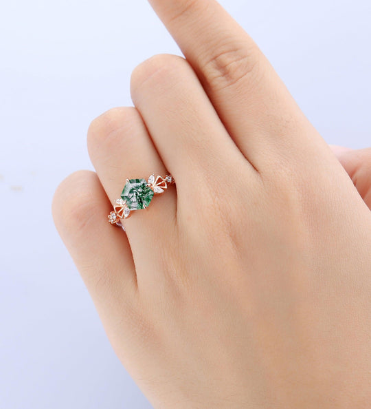1.7ct Natural Moss Agate Unique Hexagon Cut Art Deco Emerald Engagement Ring - Esdomera