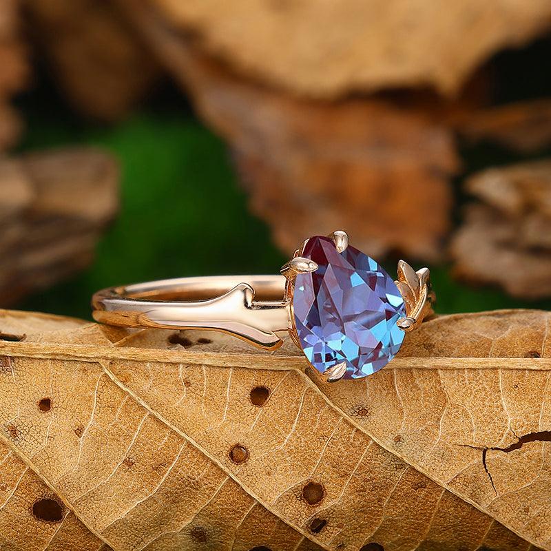 1.8 CT Pear Shaped 14k Rose Gold Leaf Vine Solitaire Alexandrite Anniversary Ring Gifts - Esdomera