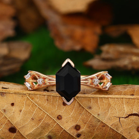1.8Carat Natural Black Onyx Hexagon Cut Cluster Moissanite Wedding Ring - Esdomera