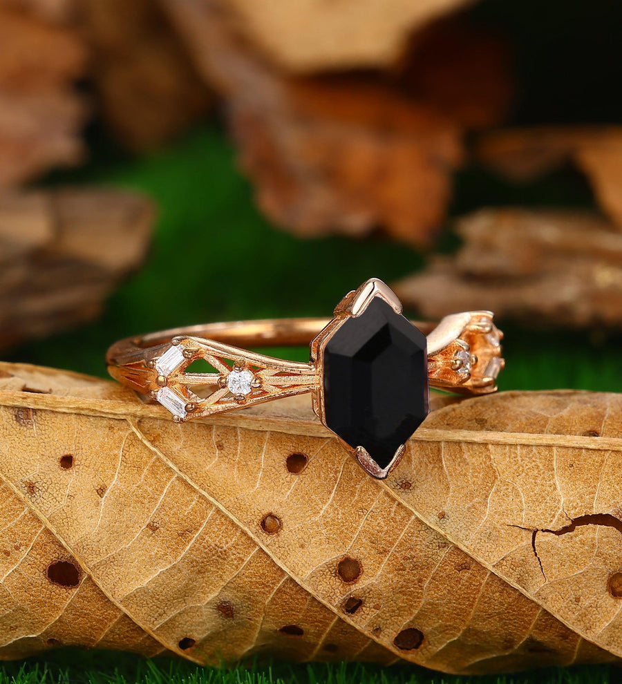 1.8Carat Natural Black Onyx Hexagon Cut Cluster Moissanite Wedding Ring - Esdomera