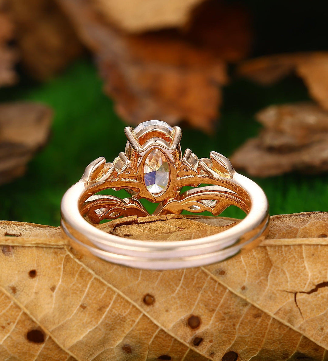 1.8carat oval cut moissanite branch leaf wedding band moissanite ring set - Esdomera