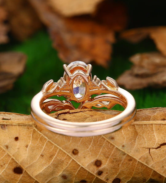 1.8carat oval cut moissanite branch leaf wedding band moissanite ring set - Esdomera