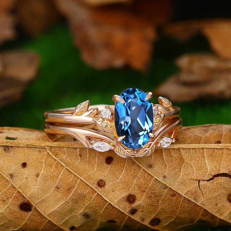 1.8CT Oval cut 14k London blue topaz marquise rose gold leaf curved engagement ring set - Esdomera