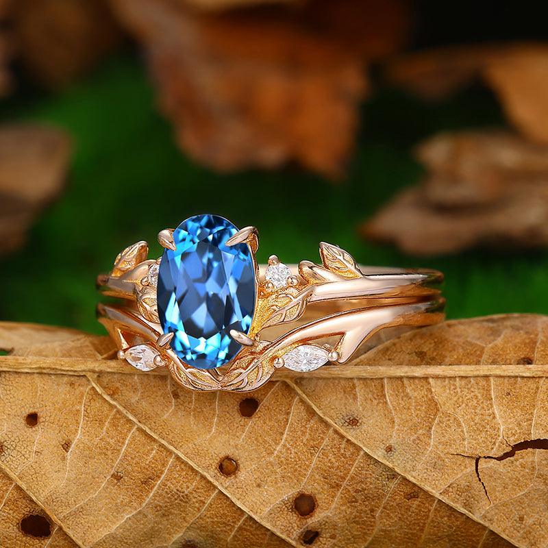 1.8CT Oval cut 14k London blue topaz marquise rose gold leaf curved engagement ring set - Esdomera