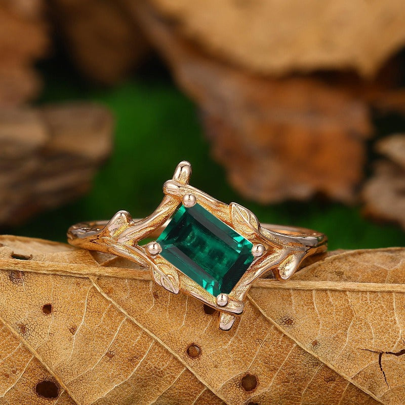 1 Carat Emerald Cut Emerald Engagement Ring Leaf Desihn Vintage Unique 14k Rose Gold - Esdomera