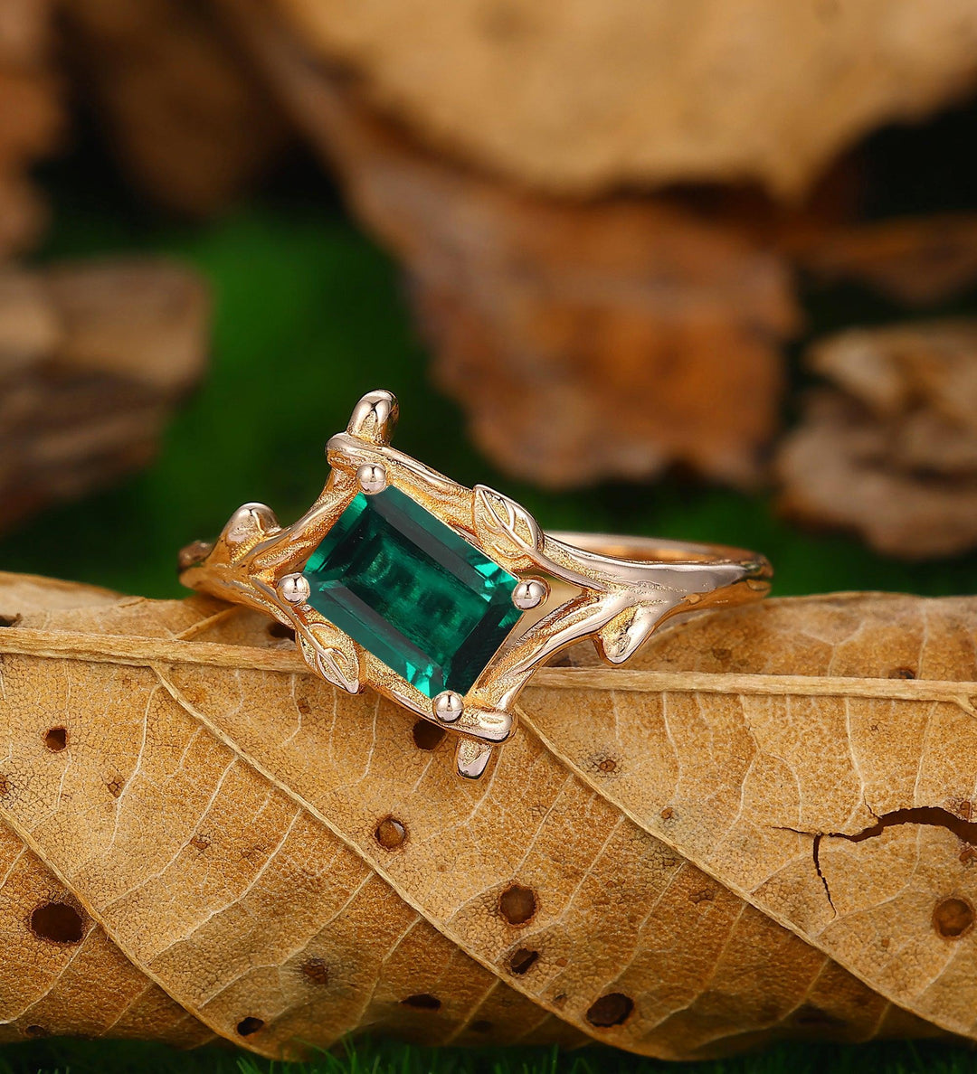 1 Carat Emerald Cut Emerald Engagement Ring Leaf Desihn Vintage Unique 14k Rose Gold - Esdomera