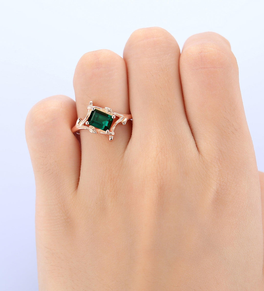 1 Carat Emerald Cut Emerald Engagement Ring Leaf Desihn Vintage Unique 14k Rose Gold - Esdomera