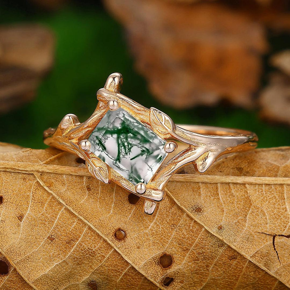 1 Carat Vintage Natural Moss Agate Wedding Promise Ring Antique Bridal Ring Leaf Branch Ring - Esdomera