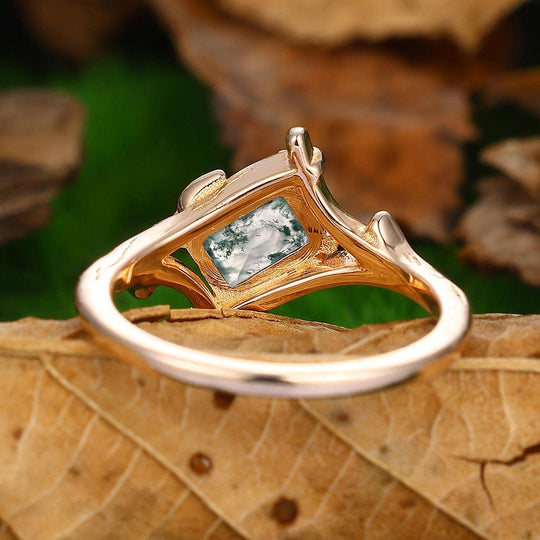 1 Carat Vintage Natural Moss Agate Wedding Promise Ring Antique Bridal Ring Leaf Branch Ring - Esdomera