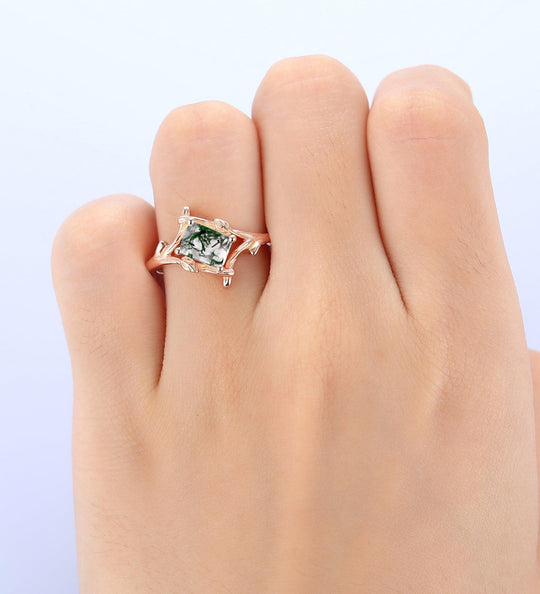 1 Carat Vintage Natural Moss Agate Wedding Promise Ring Antique Bridal Ring Leaf Branch Ring - Esdomera