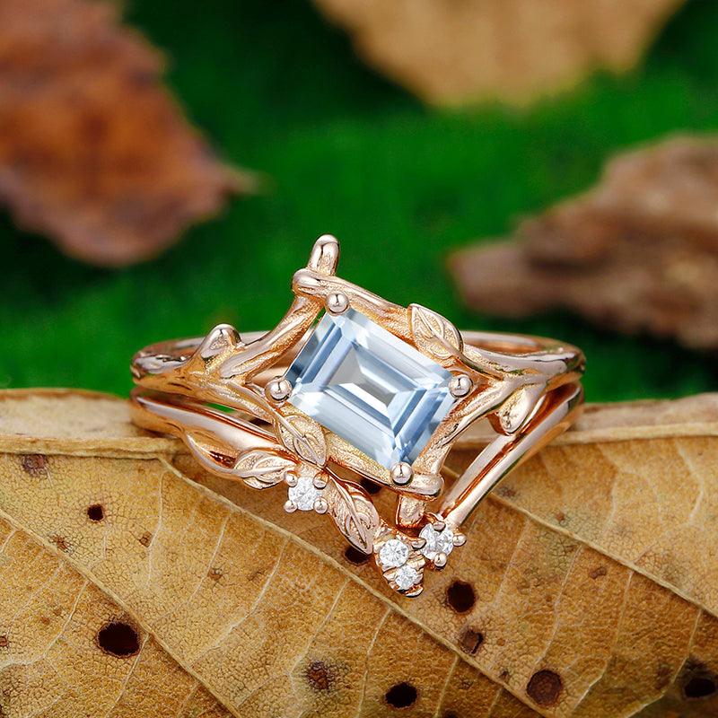 1 CT Emerald Cut 14k Gold Unique Leaf Design Aquamarine Ring Set - Esdomera