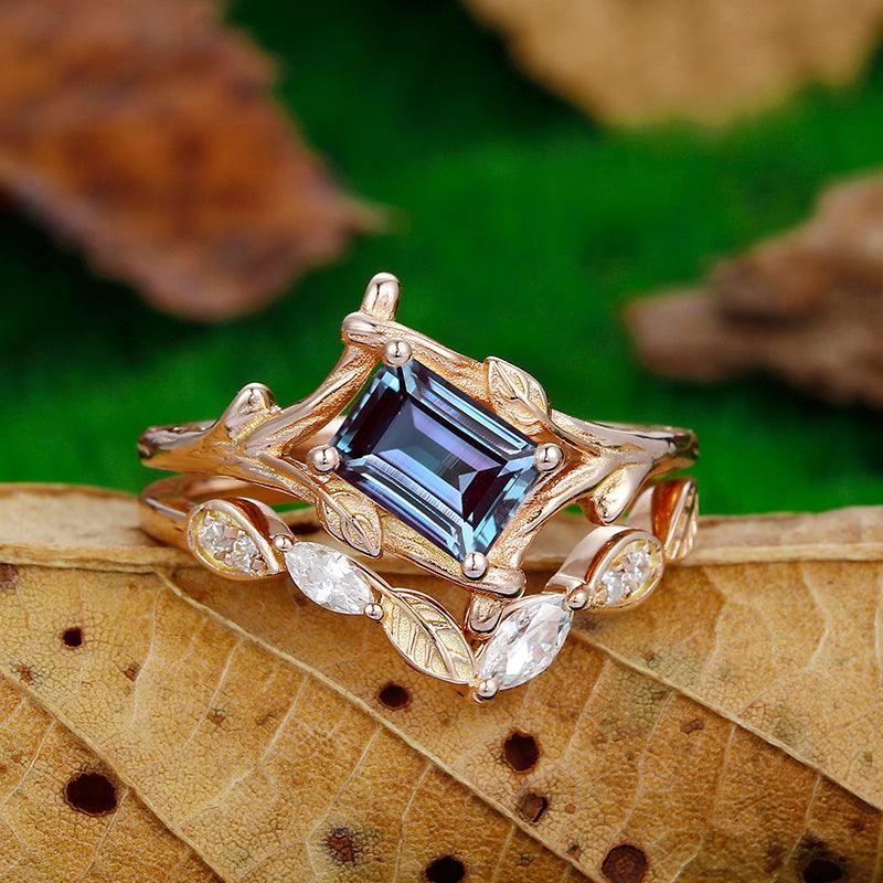1 CT Emerald Cut Alexandrite Engagement Ring Unique Bezal Set Art Deco Marquise Leaf Matching Band - Esdomera