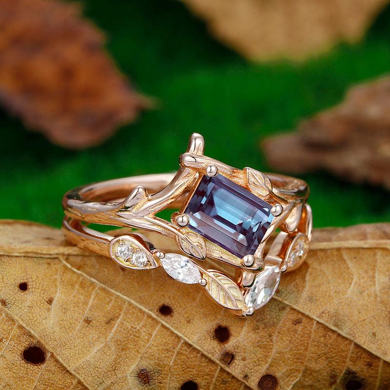 1 CT Emerald Cut Alexandrite Engagement Ring Unique Bezal Set Art Deco Marquise Leaf Matching Band - Esdomera