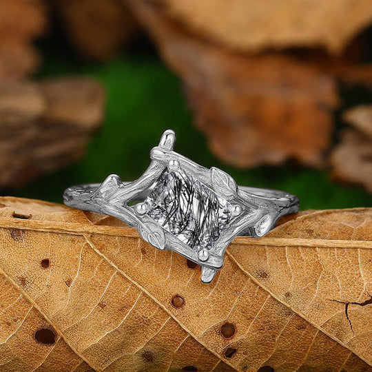 1 CT Emerald Cut  Natural Black Rutilated Quartz Unique Leaf Vines Engagement Ring