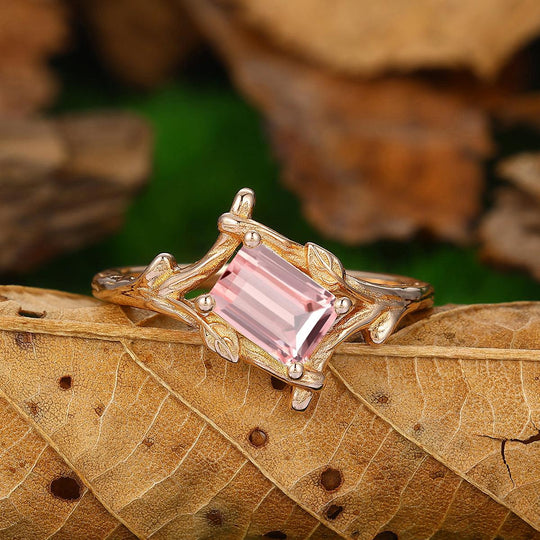 1 CT Emerald Cut Natural Pink Morganite Unique Leaf Vines Solid Gold Engagement Ring - Esdomera