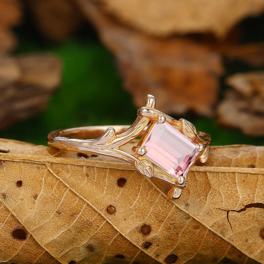 1 CT Emerald Cut Natural Pink Morganite Unique Leaf Vines Solid Gold Engagement Ring - Esdomera