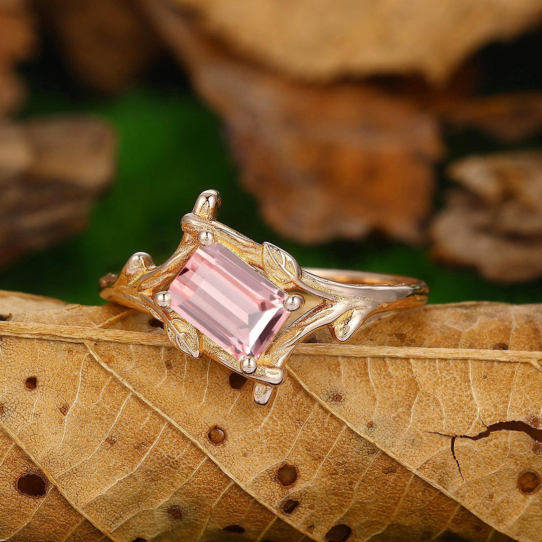 1 CT Emerald Cut Natural Pink Morganite Unique Leaf Vines Solid Gold Engagement Ring - Esdomera