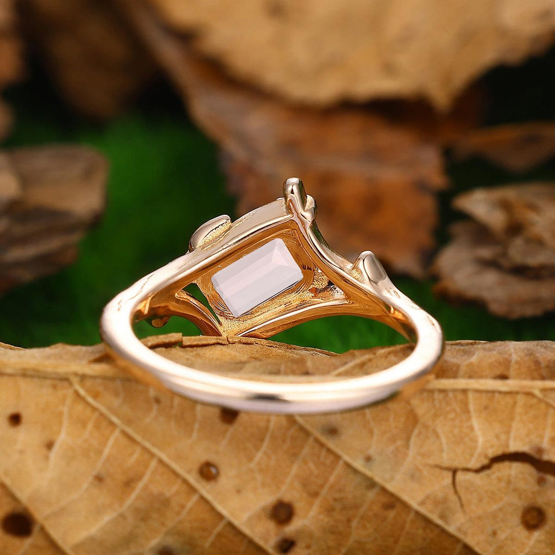 1 CT Emerald Cut Natural Pink Morganite Unique Leaf Vines Solid Gold Engagement Ring - Esdomera