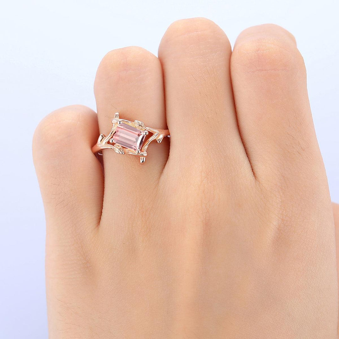 1 CT Emerald Cut Natural Pink Morganite Unique Leaf Vines Solid Gold Engagement Ring - Esdomera