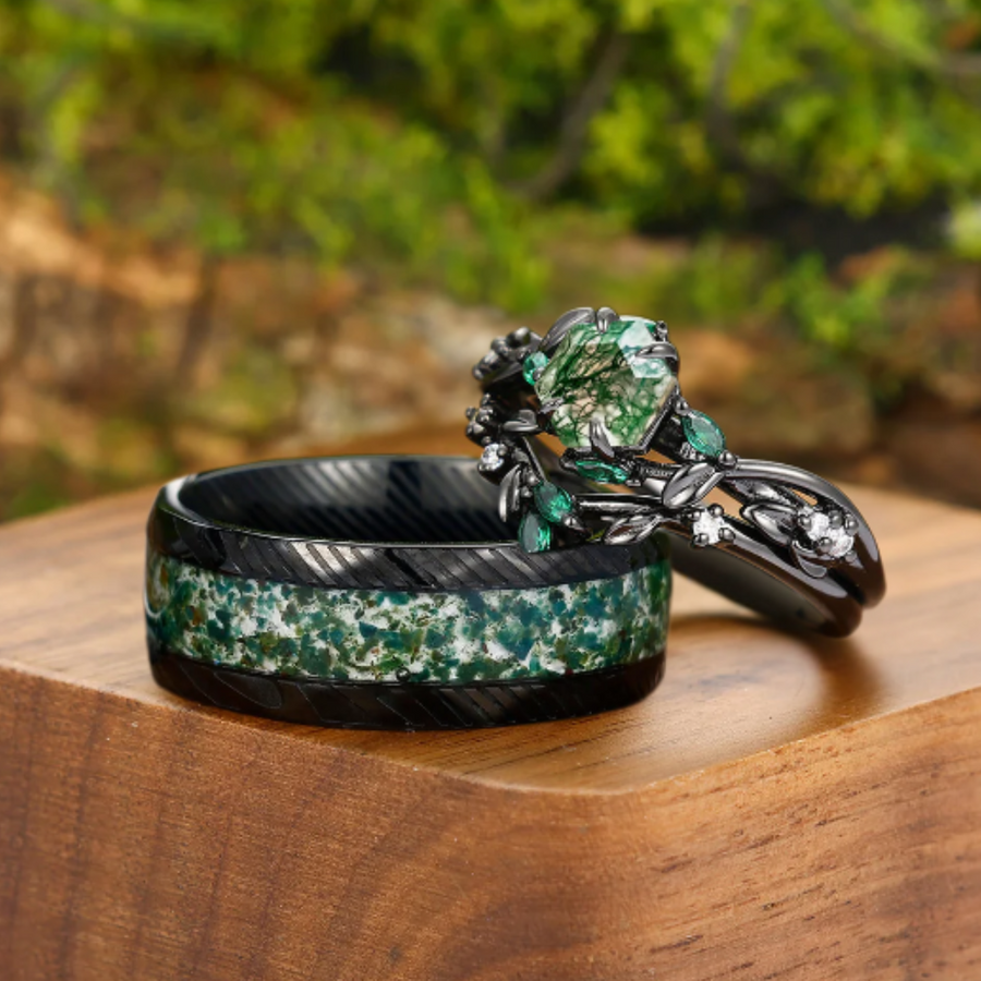 Exquisite Moss Agate Sprigs Engagement Couple Rings Set Promise  Green Damascus Steel Matching Wedding Rings