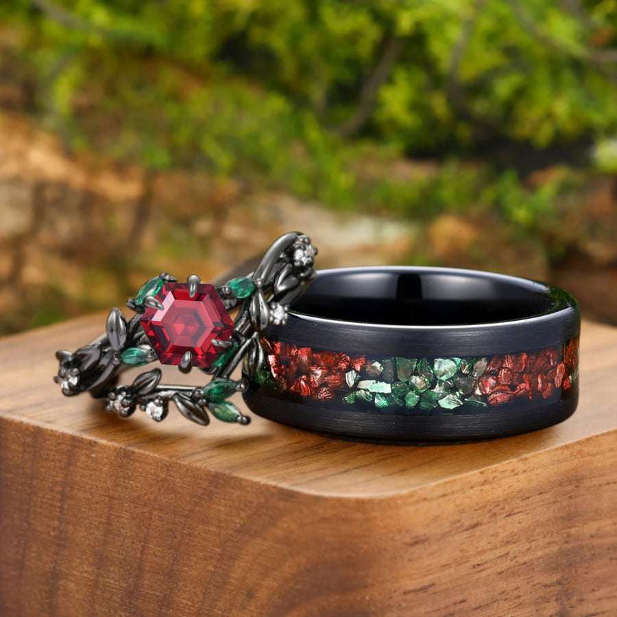 Red Garnet Twig Engagement Couple Rings Set Matching Red And Green Tungsten Anniversary Ring.