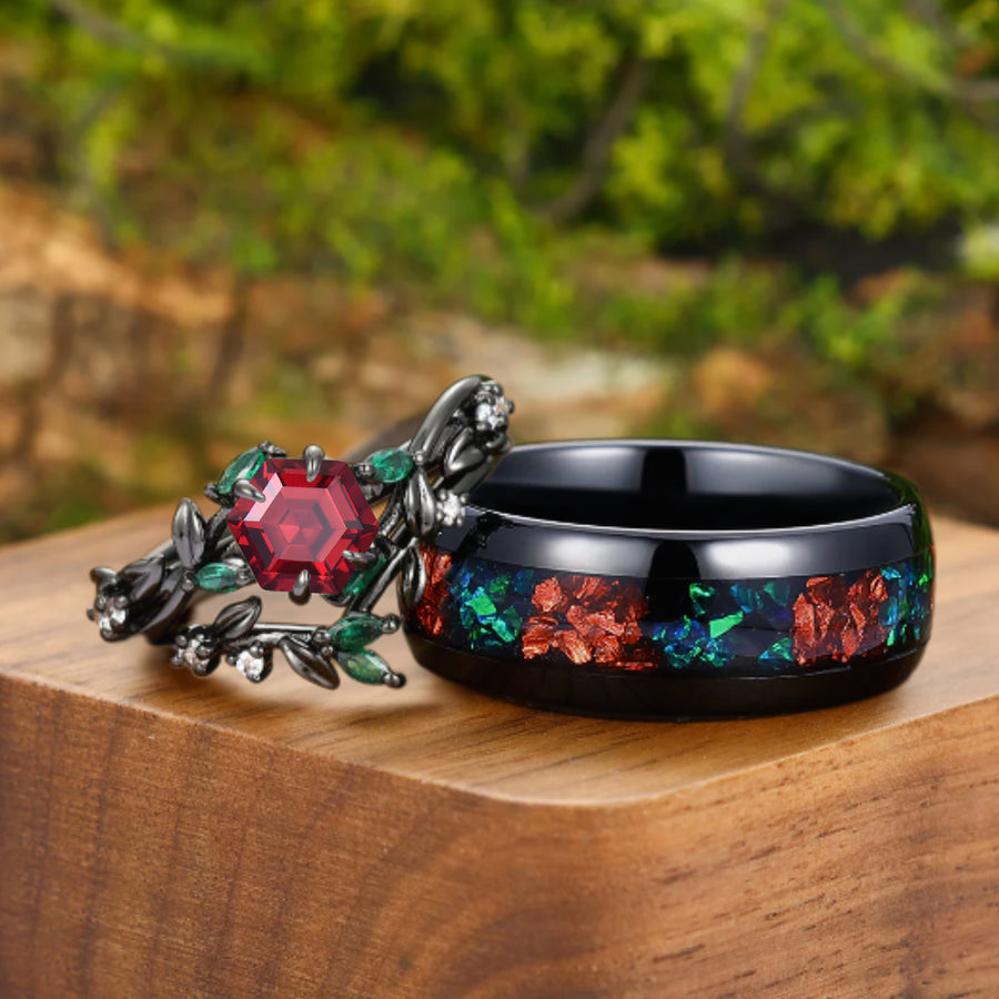 Gorgeous Red Garnet Sprig Engagement Couple Rings Set S925 And Tungsten Matching Ring.