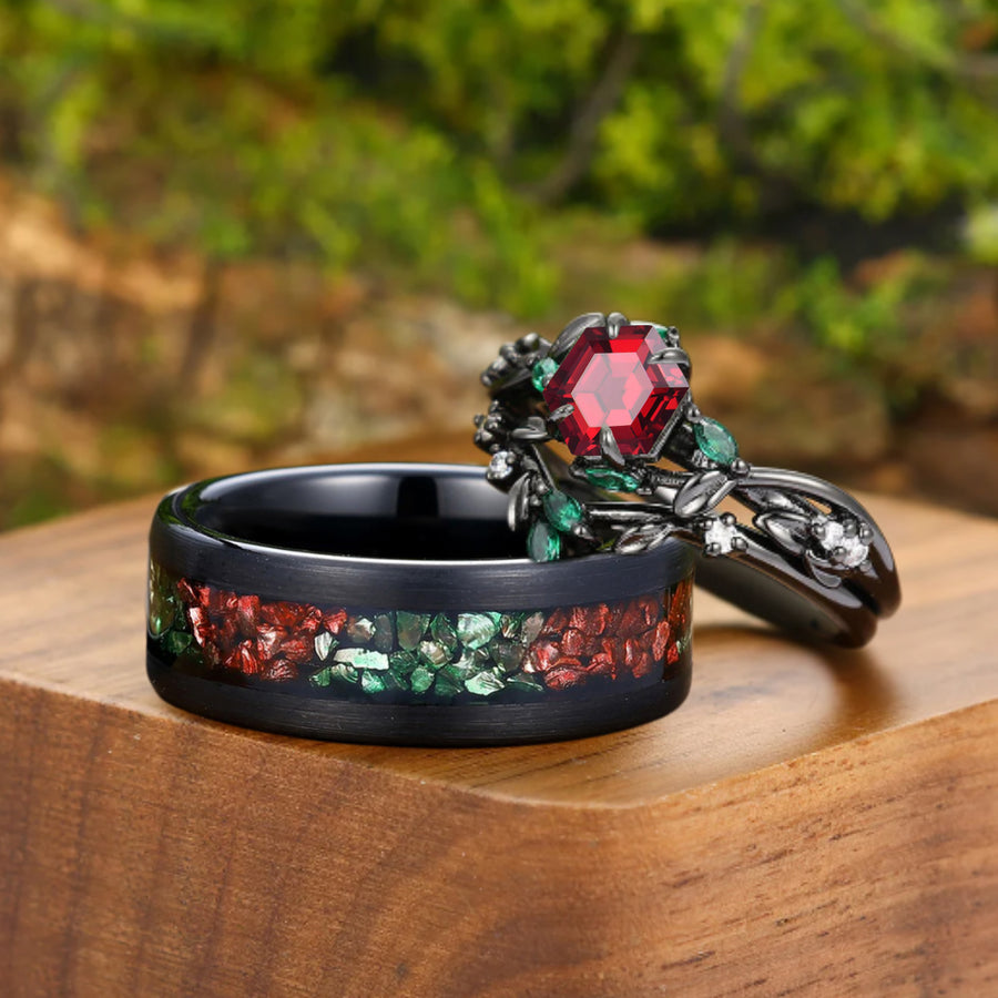 Red Garnet Twig Engagement Couple Rings Set Matching Red And Green Tungsten Anniversary Ring.
