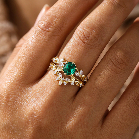 Vine Sprig Hexagon Cut Emerald Engagement Ring Set 2pcs Natural Inspired Ring Set For Her