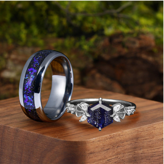 Unique Galaxy Sandstone Promise Rings for Couples Blue Shining Couples Ring