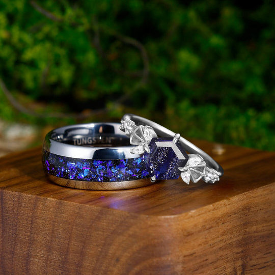 Unique Galaxy Sandstone Promise Rings for Couples Blue Shining Couples Ring