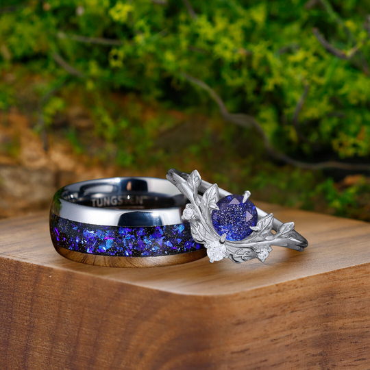 Brilliant Galaxy Sandstone Leaf Shape Couples Ring Set Blue Shining Tungsten Matching Ring